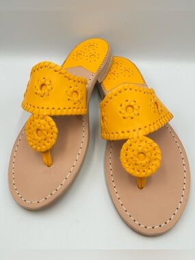 Jack Rogers Jacks Flat Sandal Man-Mango Yellow Thong Womens 7 Whipstitch Leather